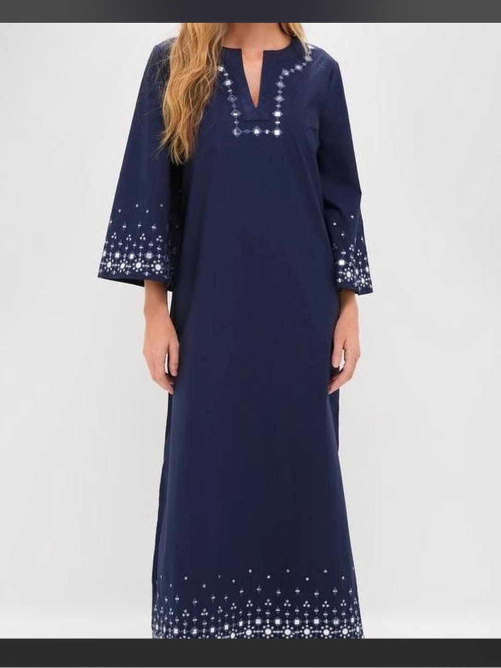 Tuckernuck Navy Blue Mirror Embellished Lorena Cotton Caftan Dress NEW $298